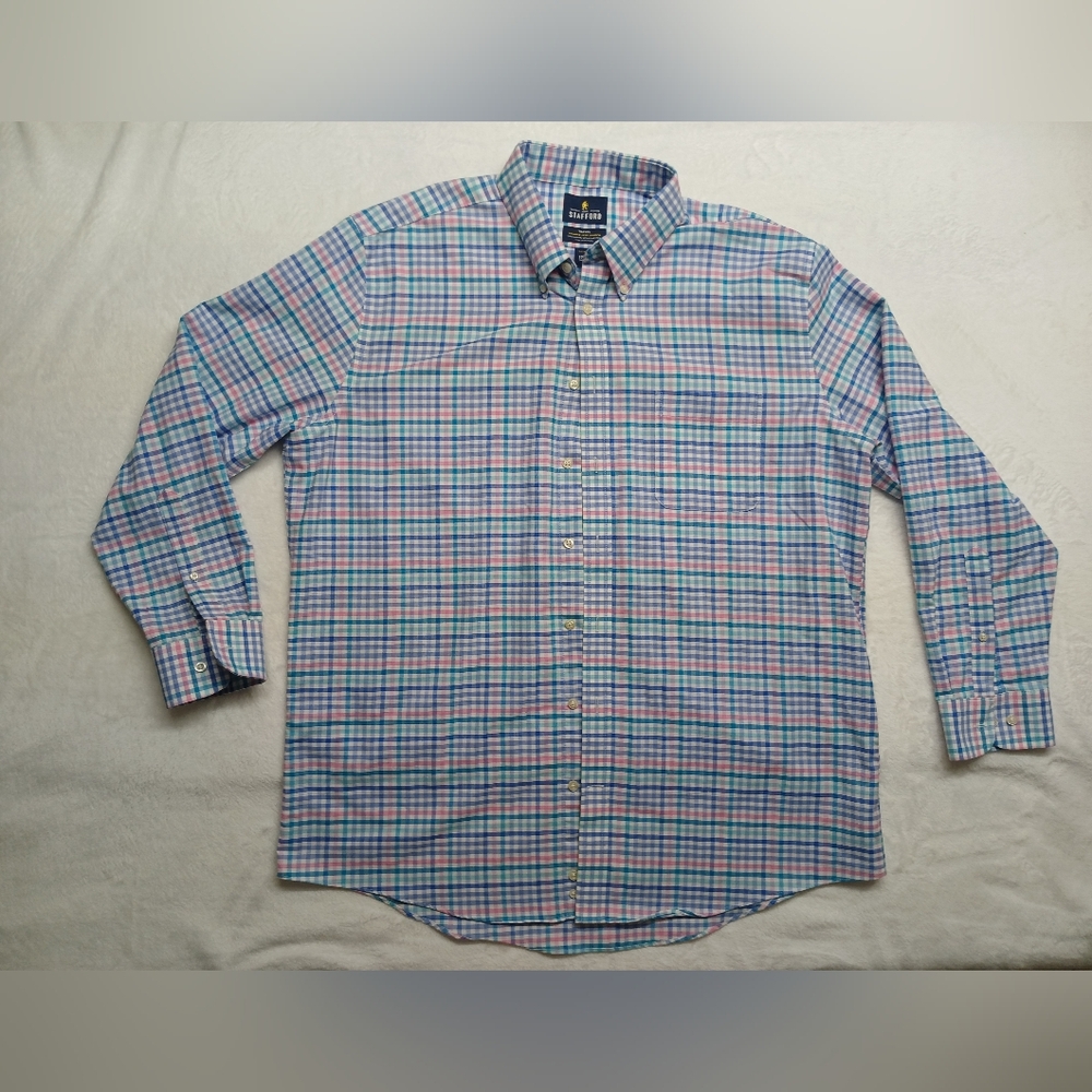Stafford Blue and Pink Plaid Button-Down Shirt Size 34-35 Neck 17 1/2